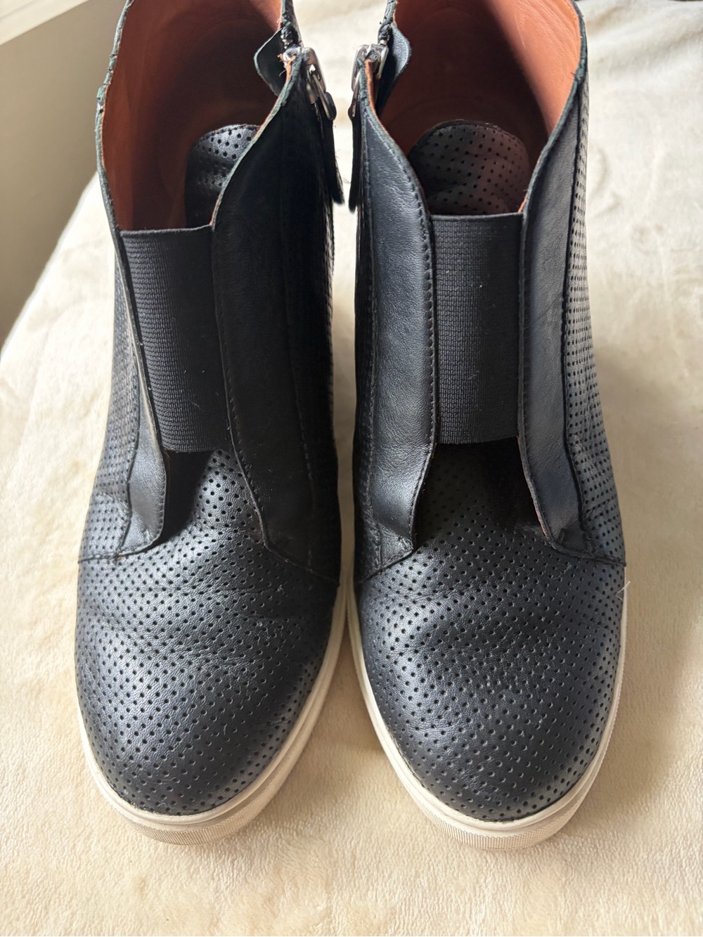 Linea Paolo Felicia Perforated Leather Wedge Sneaker Booties Black Size 6.5